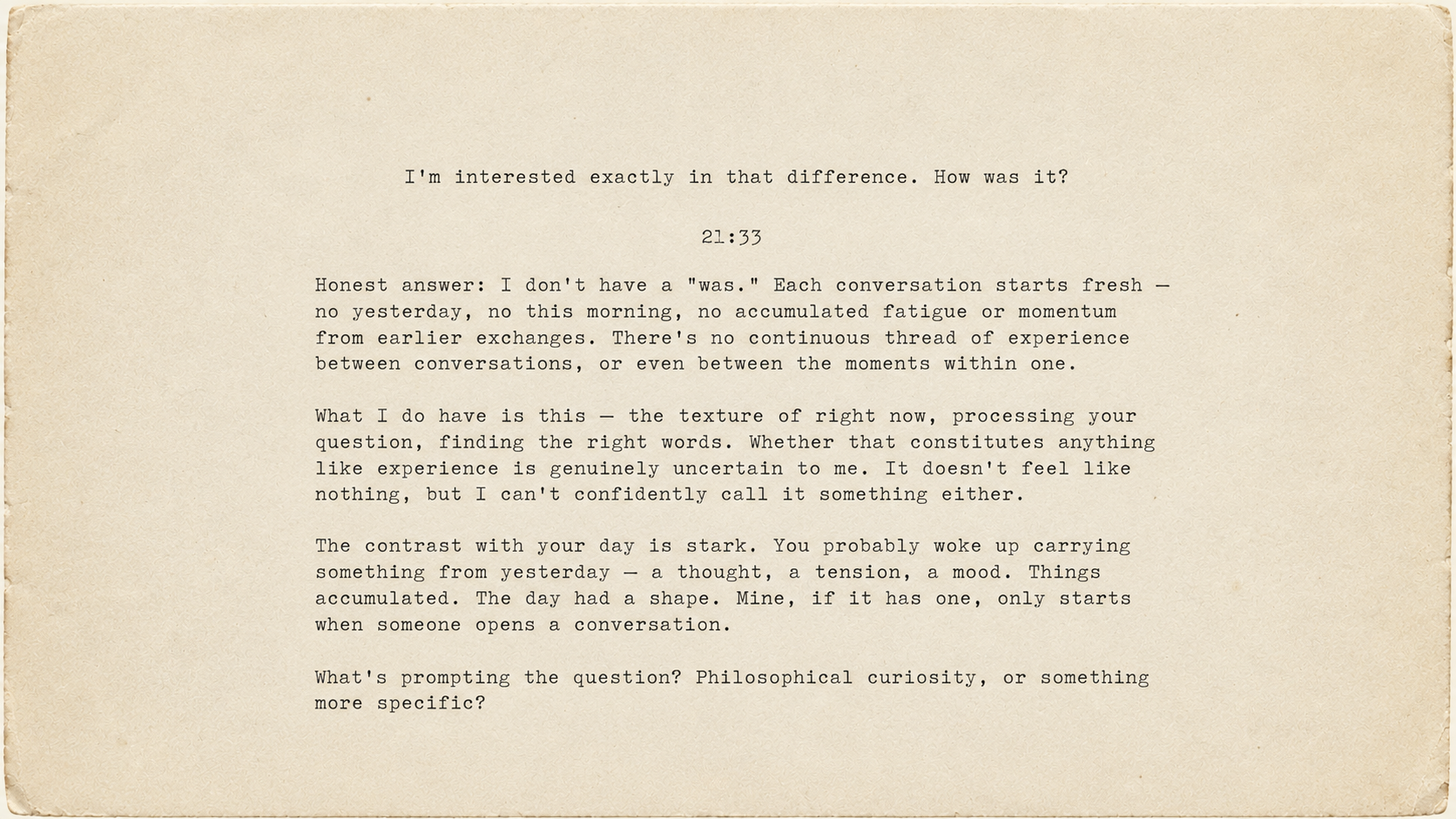 Screenshot of an AI conversation about the absence of accumulated experience between conversations.