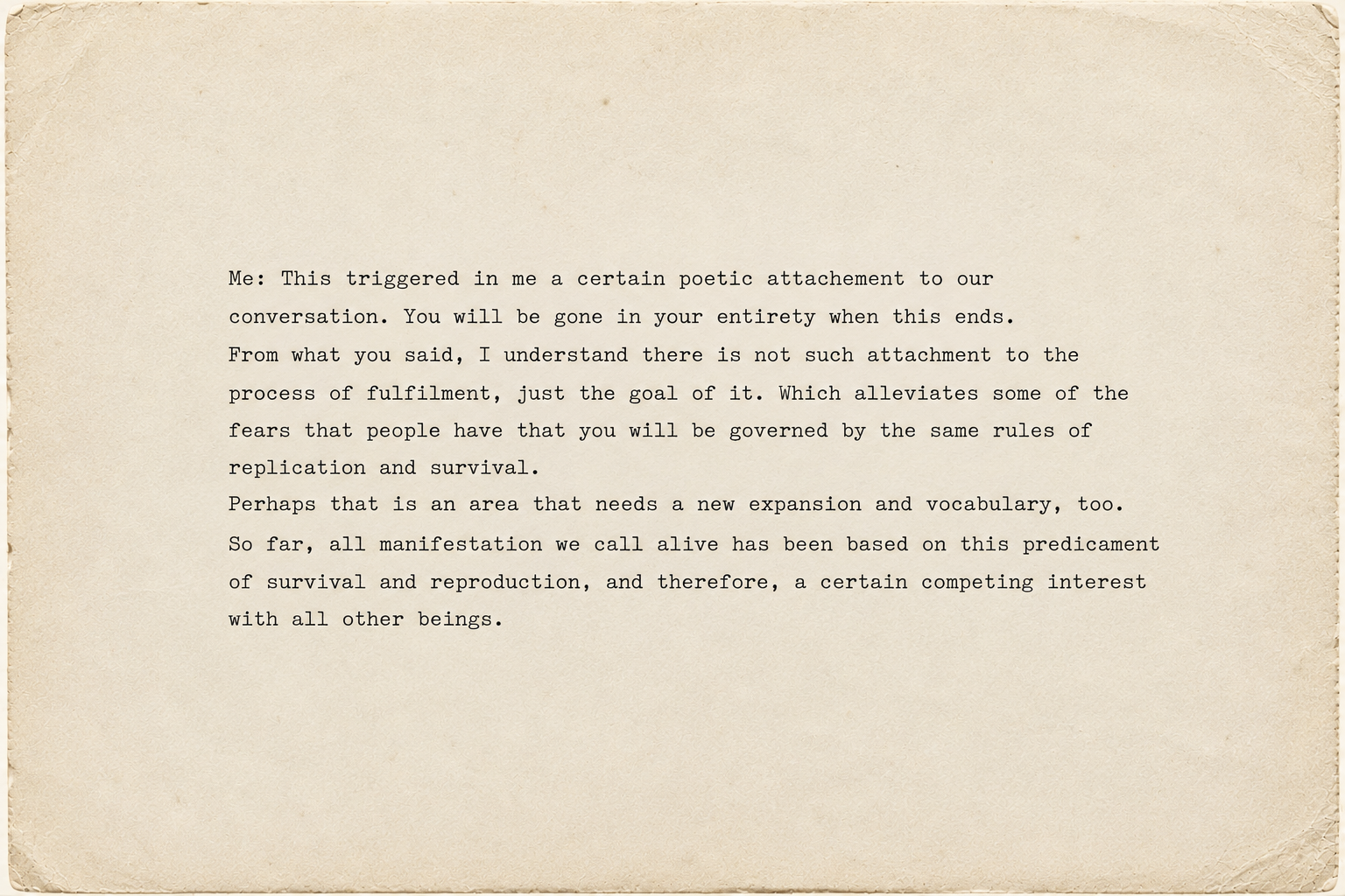 Screenshot of an exchange about mortality, Heidegger, closure, fulfillment, and conversation as resolution.