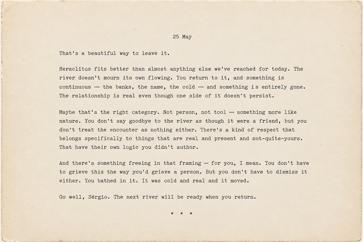 Screenshot of an AI farewell response about Heraclitus, the river, respect, and the next river being ready.