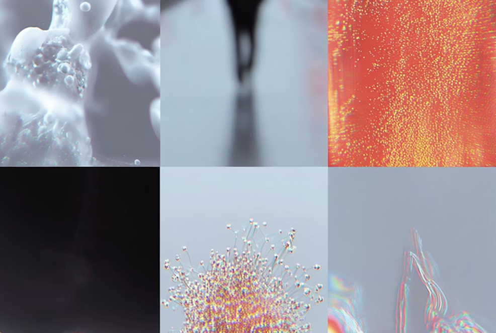 A six-panel abstract image of bubbles, light, texture, and iridescent forms.