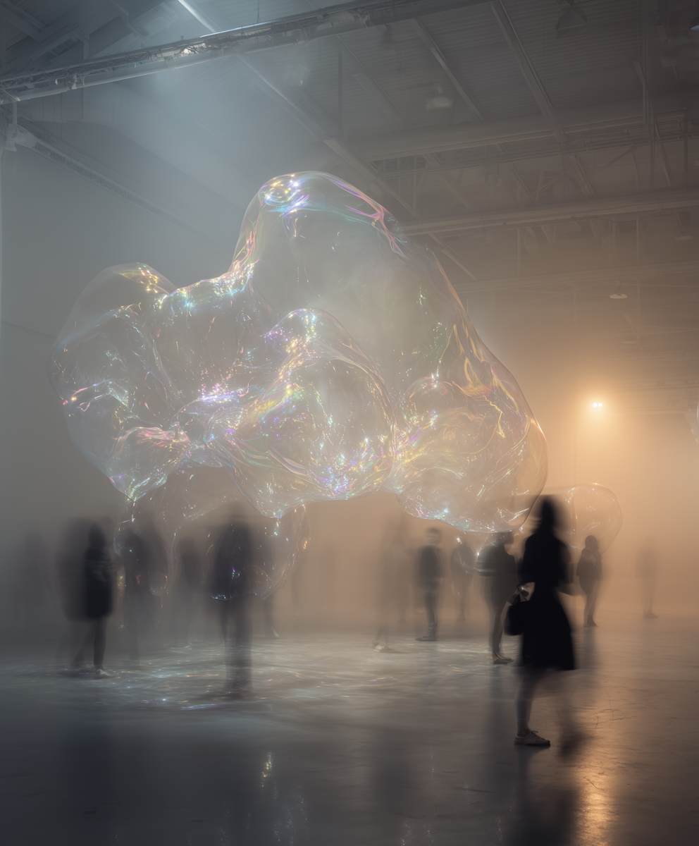 A translucent surreal bubble sculpture floating in a misty gallery space with silhouetted visitors nearby.