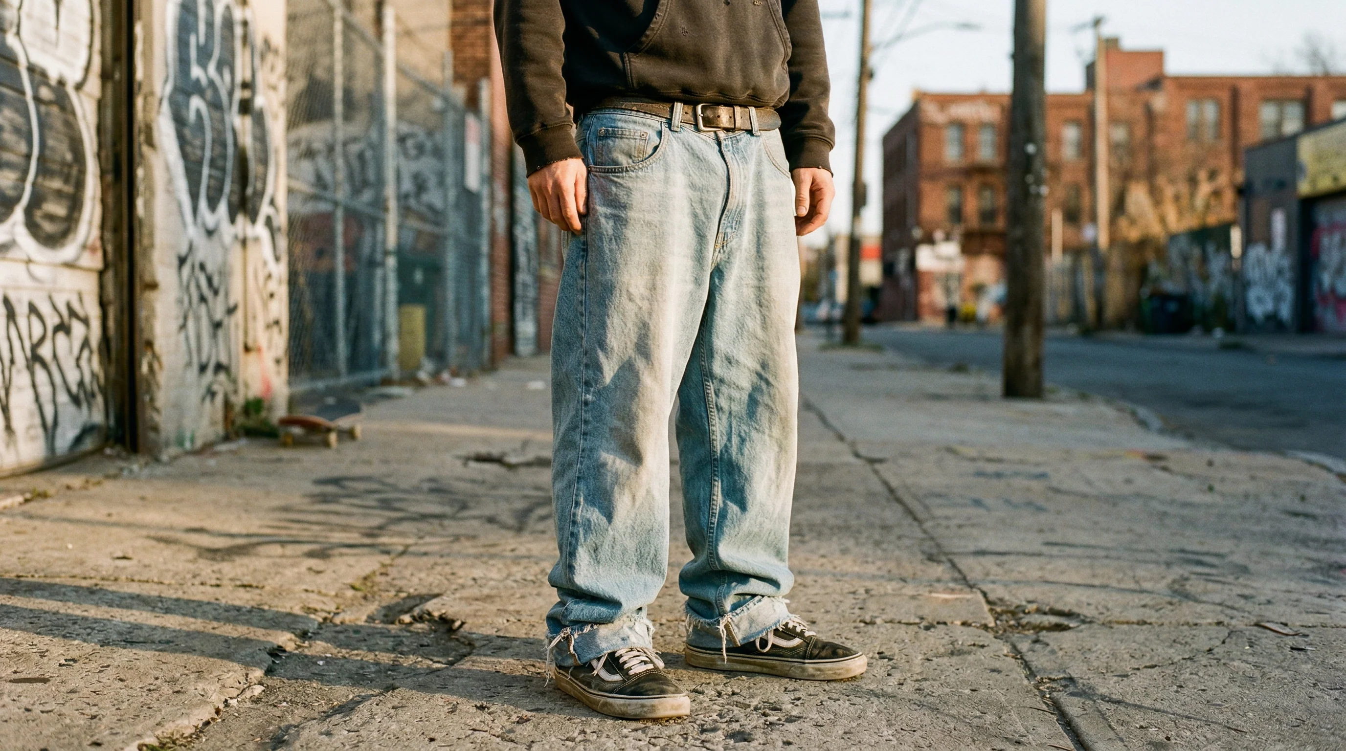 Baggy jeans on a city sidewalk