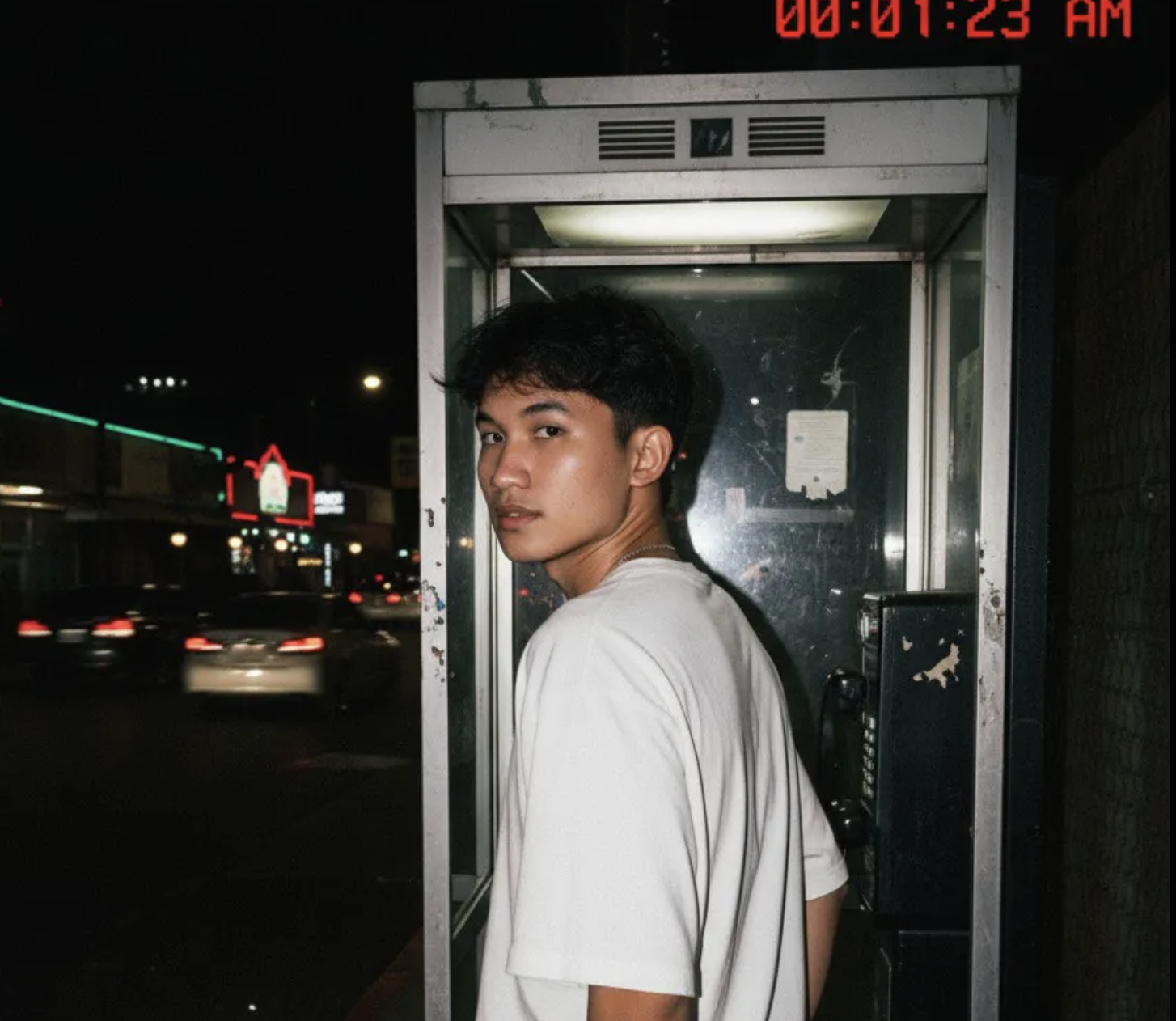 Night flash photograph with timestamp and phone booth